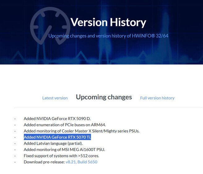 HWiNFO RTX 5070 Ti update