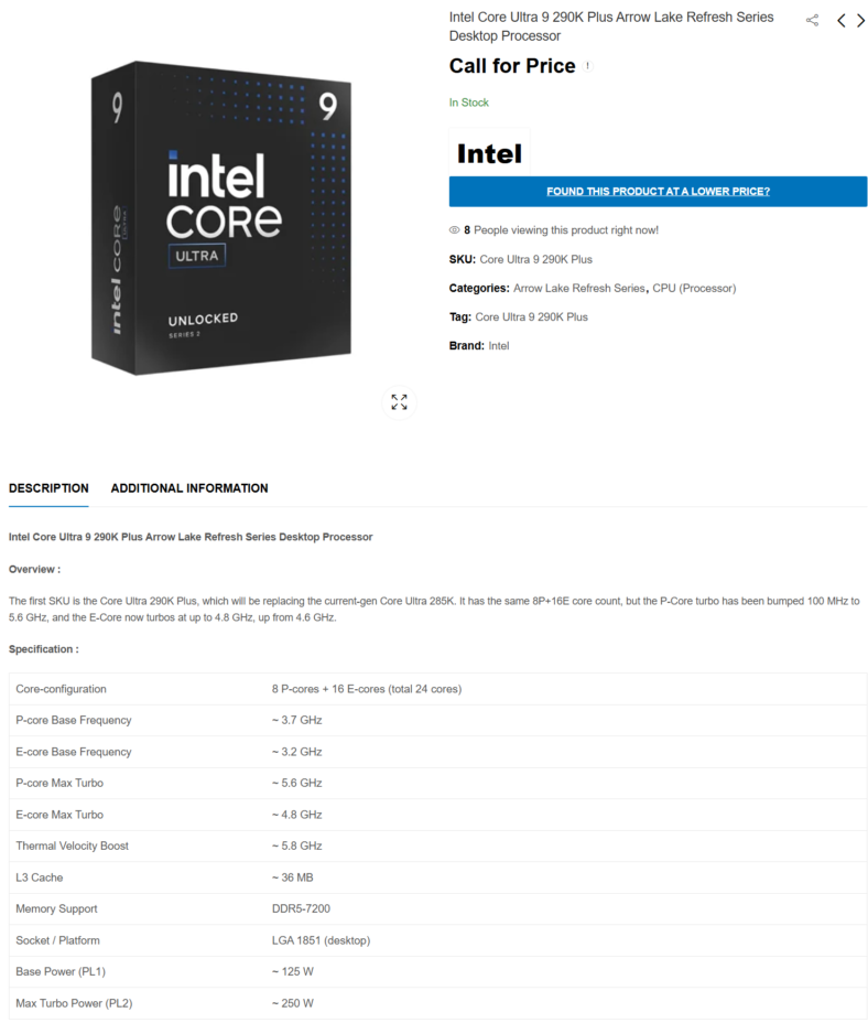 Intel Core Ultra 9 290K Plus and Core Ultra 7 270K Plus CPUs Listed ...